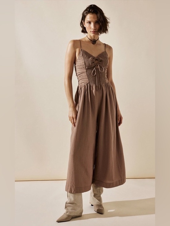 Free People Pants - Free People Endless Summer Day Glow One Piece Smocked cutouts Jumpsuit Taupe M